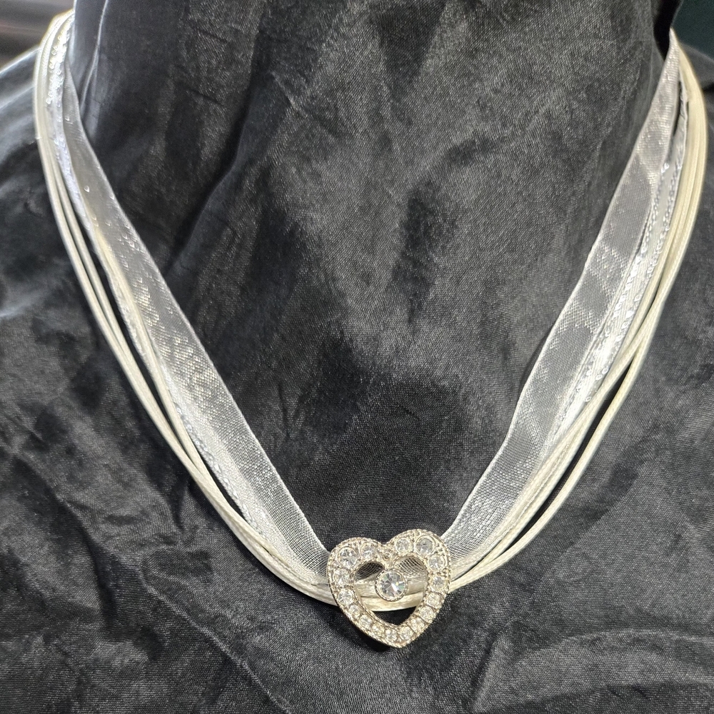 Silver Heart Pendant Necklace with Ribbon